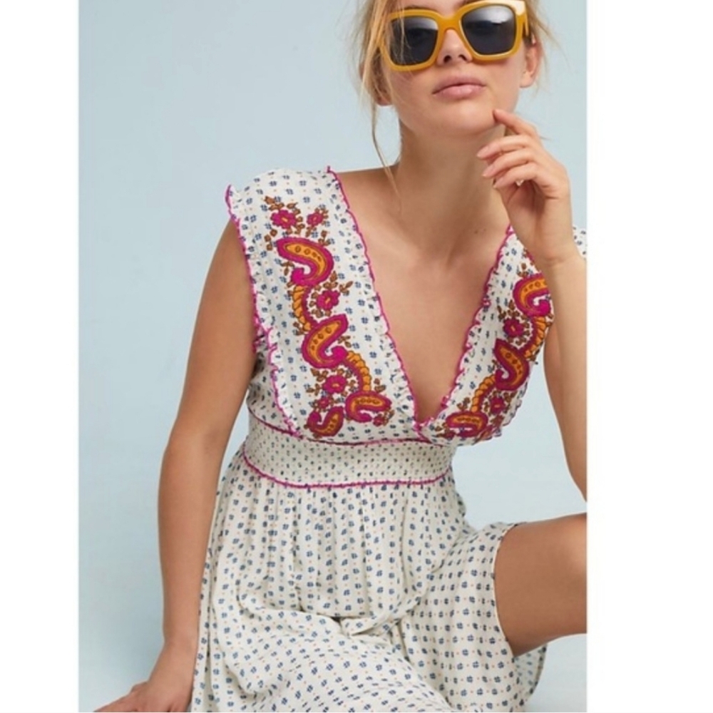 Anthropologie Cream Dress with Pink and Yellow Embroidery